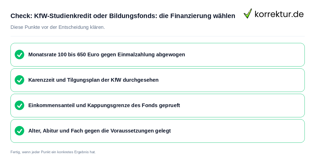 KfW-Studienkredit oder Bildungsfonds: die Finanzierung wählen: Prüfliste mit vier Punkten