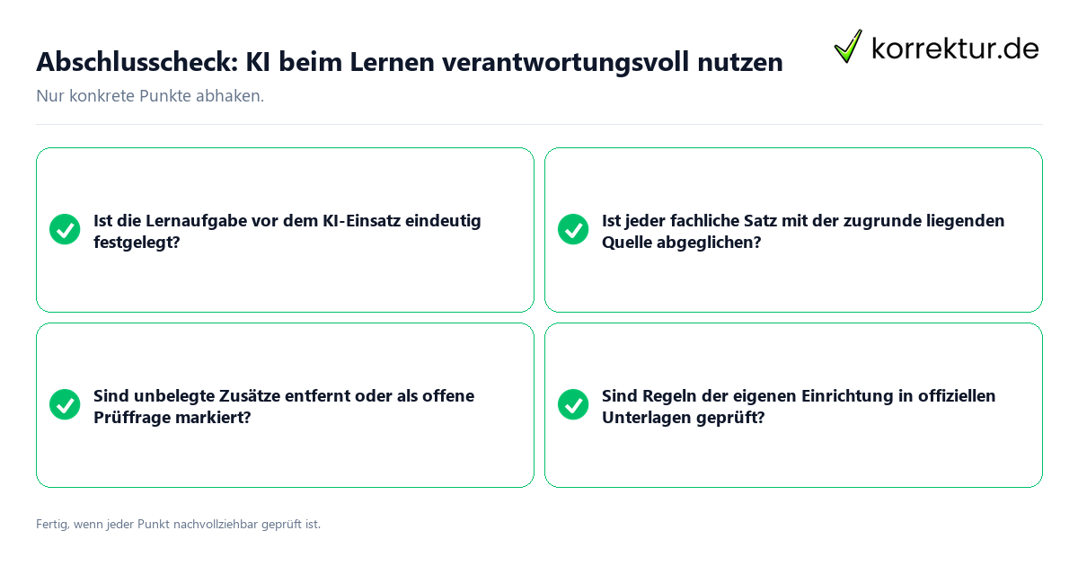 Konkreter Abschlusscheck zu KI beim Lernen verantwortungsvoll nutzen