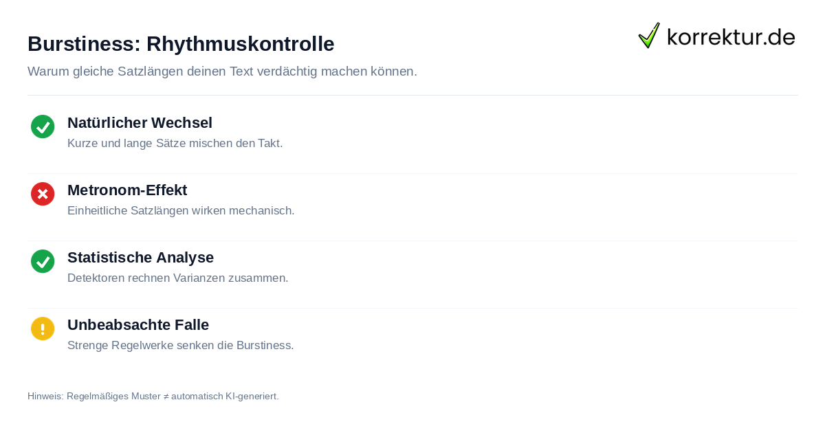 Burstiness: Rhythmuskontrolle Checkliste: Einfluss von Burstiness und Satzlängenvarianz auf KI-Erkennungsrate