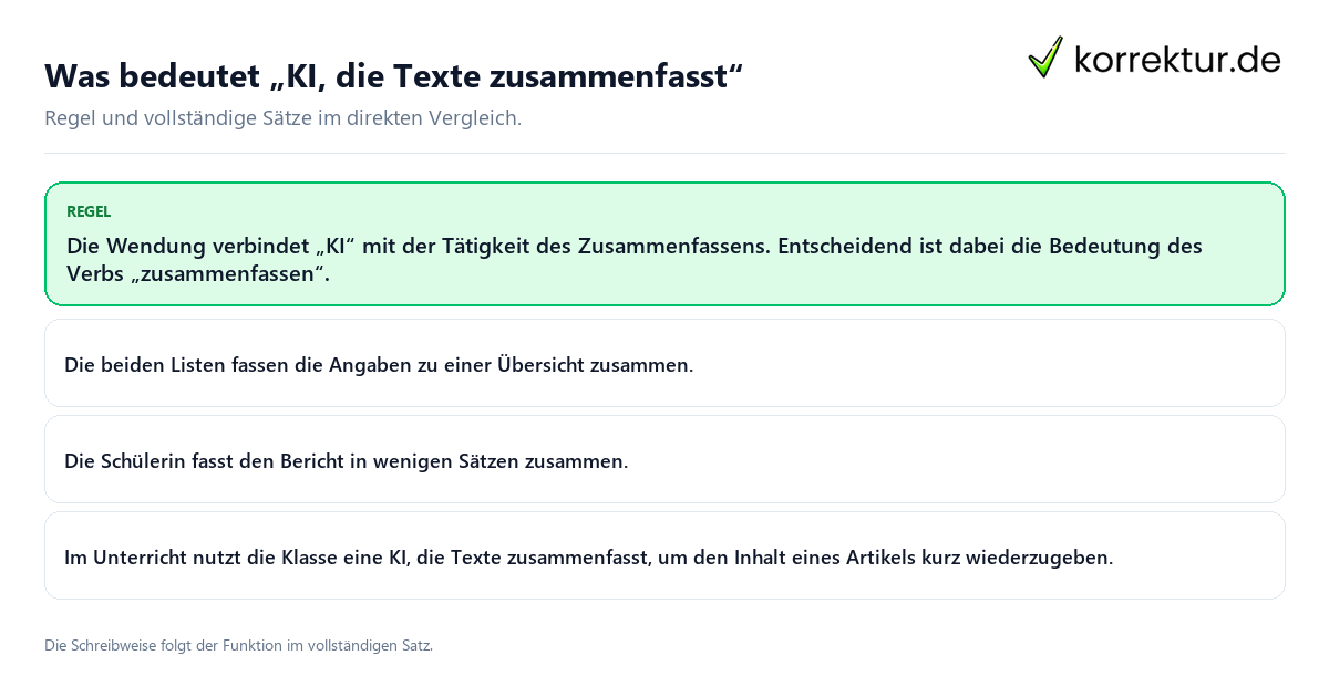 Konkrete Regel und vollständige Beispielsätze zu Was bedeutet „KI, die Texte zusammenfasst“