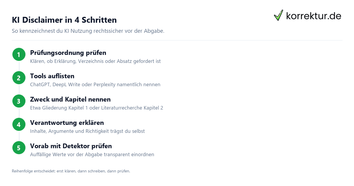KI Disclaimer Muster: Baustein Tool, Zweck und Umfang für Bachelorarbeit und Hausarbeit