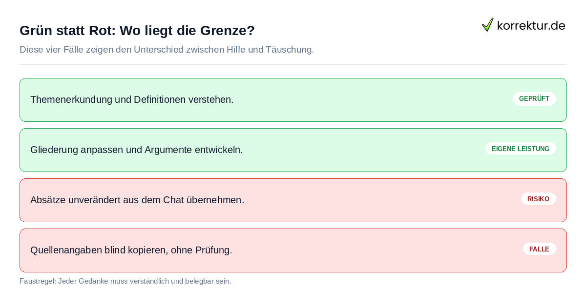 Grün statt Rot: Wo liegt die Grenze? Legitime KI-Nutzung in der Hausarbeit erkennen anhand konkreter Beispiele