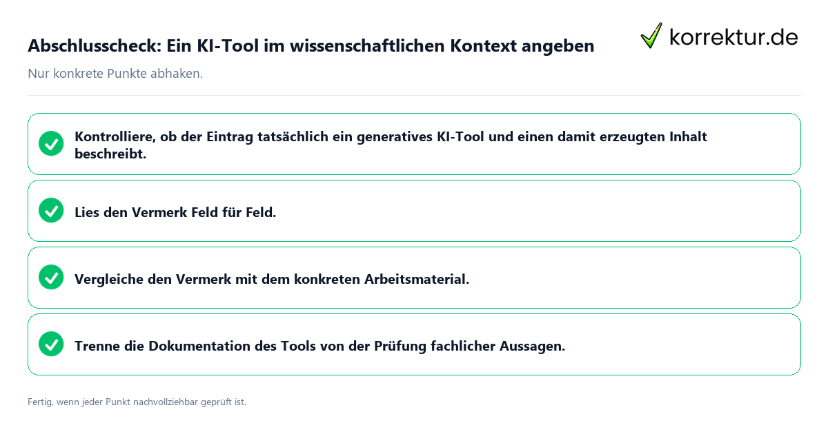 Konkreter Abschlusscheck zu Ein KI-Tool im wissenschaftlichen Kontext angeben