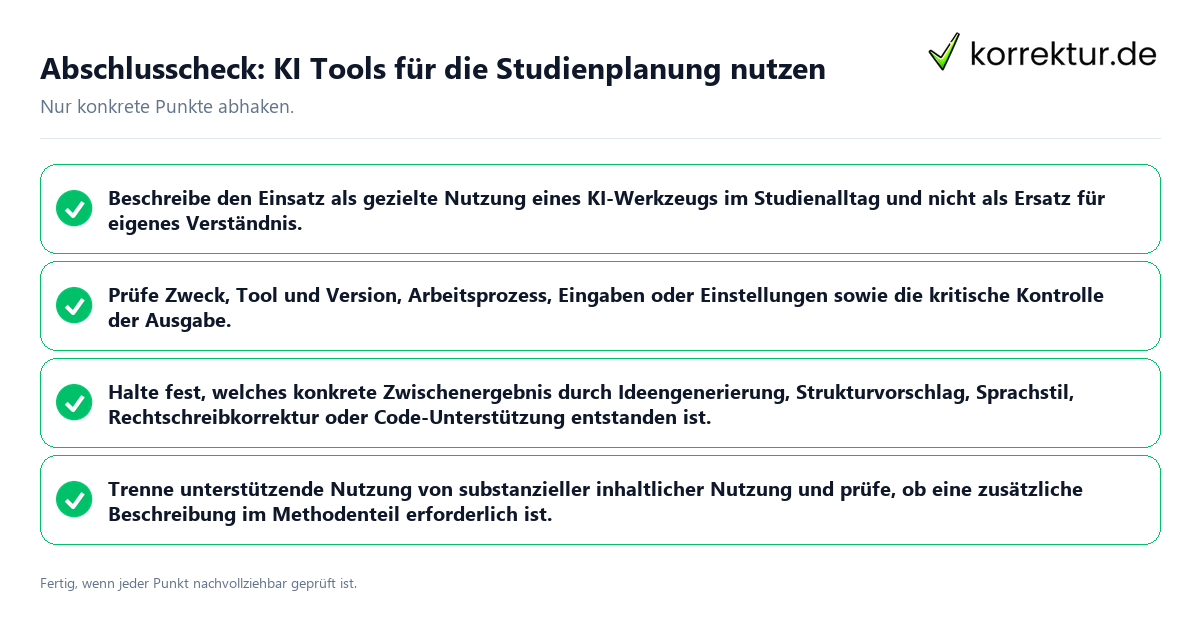 Abschlusscheck: KI Tools für die Studienplanung nutzen Konkreter Abschlusscheck zu KI Tools für die Studienplanung nutzen