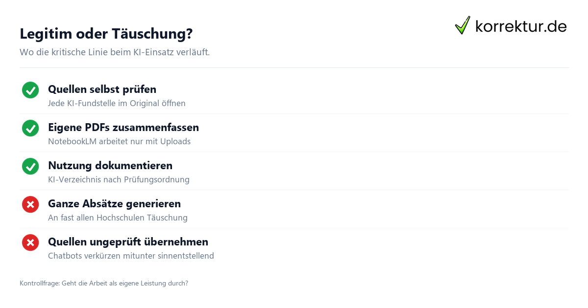 KI Tools fuers Studium: erlaubte Hilfe und Taeuschung als Ampel-Grafik