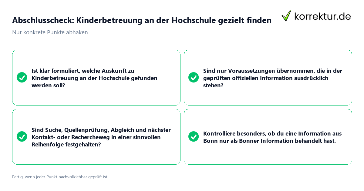 Konkreter Abschlusscheck zu Kinderbetreuung an der Hochschule gezielt finden