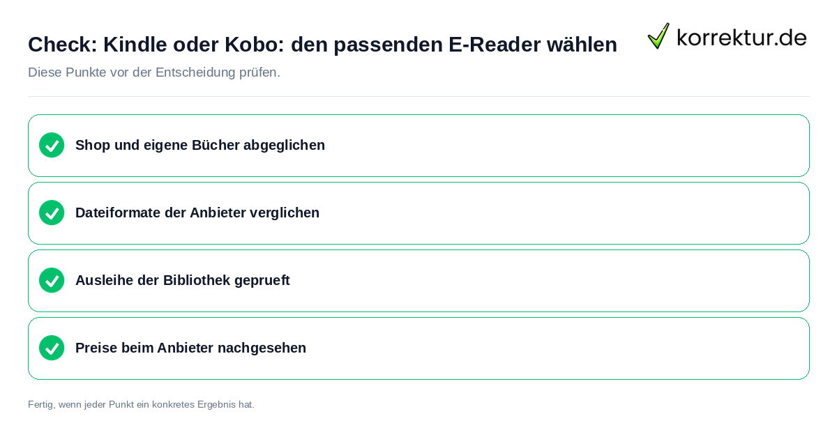 Check: Kindle oder Kobo: den passenden E-Reader wählen Kindle oder Kobo: den passenden E-Reader wählen: Prüfliste mit vier Punkten