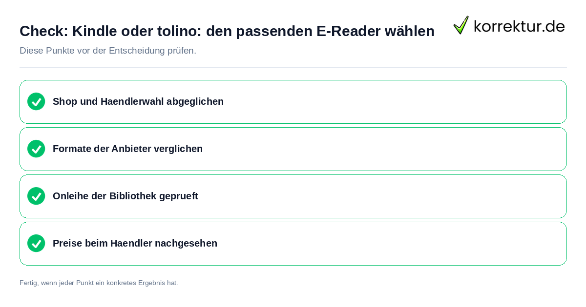 Check: Kindle oder tolino: den passenden E-Reader wählen Kindle oder tolino: den passenden E-Reader wählen: Prüfliste mit vier Punkten