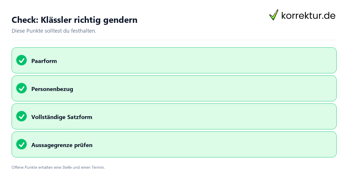 Klässler richtig gendern mit Checkliste für Unterlagen und nächste Schritte
