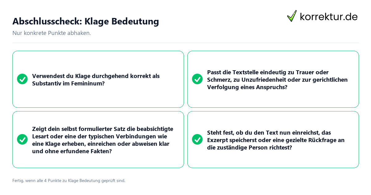 Abschlusscheck: Klage Bedeutung Konkreter Abschlusscheck zu Klage Bedeutung