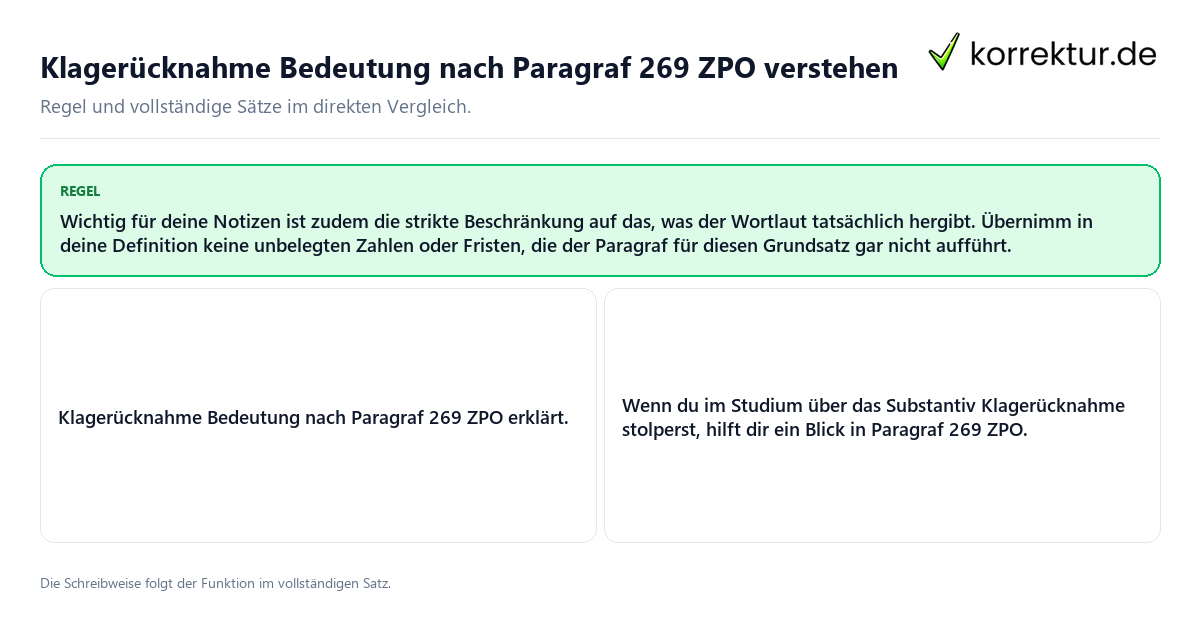 Konkrete Regel und vollständige Beispielsätze zu Klagerücknahme Bedeutung nach Paragraf 269 ZPO