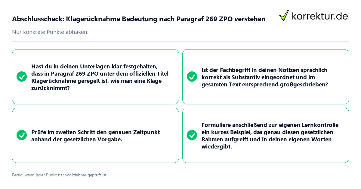 Konkreter Abschlusscheck zu Klagerücknahme Bedeutung nach Paragraf 269 ZPO verstehen