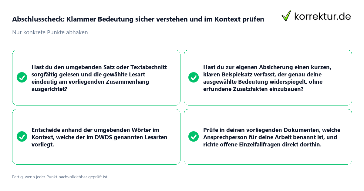 Konkreter Abschlusscheck zu Klammer Bedeutung sicher verstehen und im Kontext prüfen