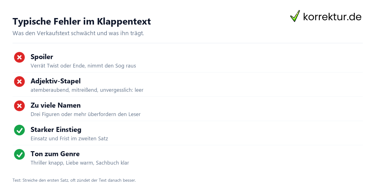 Klappentext Fehler vermeiden: Spoiler, Adjektiv-Stapel und Namen