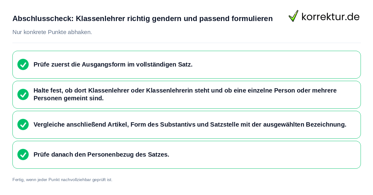 Konkreter Abschlusscheck zu Klassenlehrer richtig gendern und passend formulieren