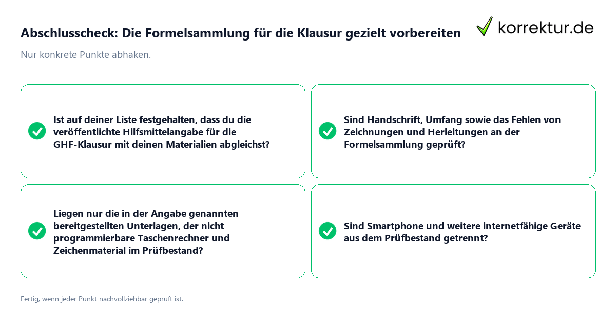 Konkreter Abschlusscheck zu Die Formelsammlung für die Klausur gezielt vorbereiten