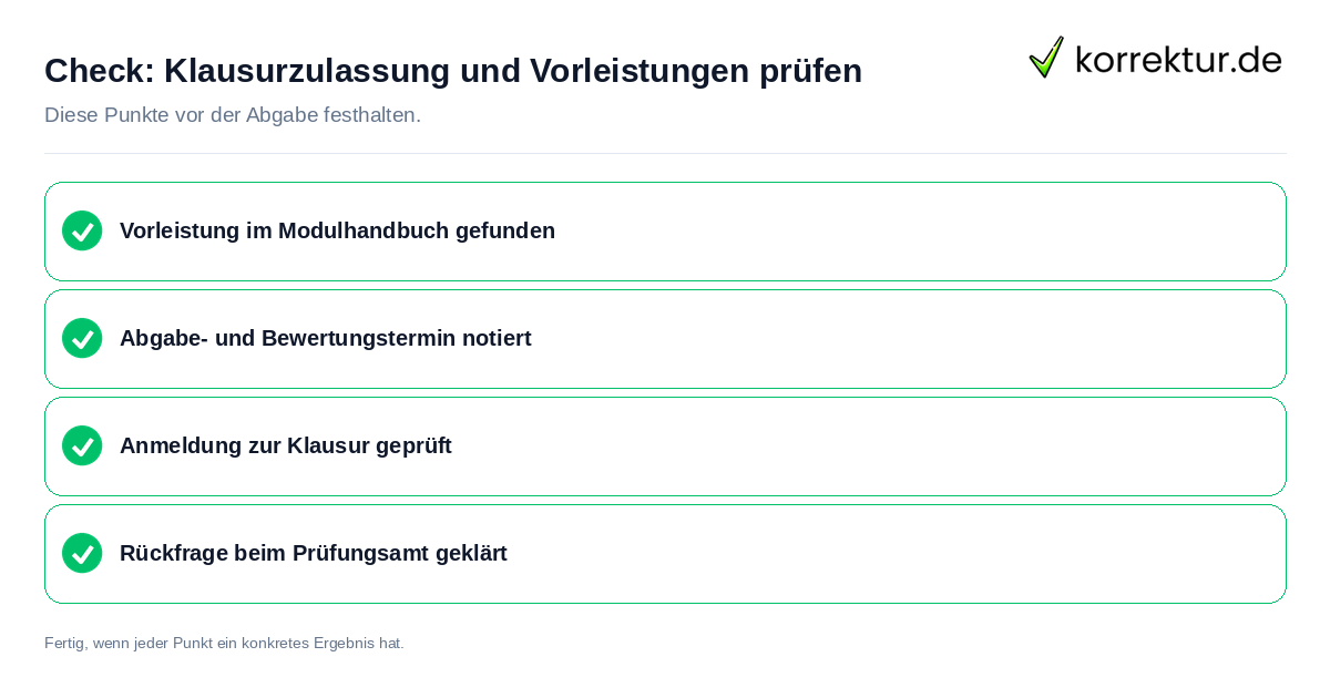 Check: Klausurzulassung und Vorleistungen prüfen Klausurzulassung und Vorleistungen prüfen: Prüfliste mit vier Punkten