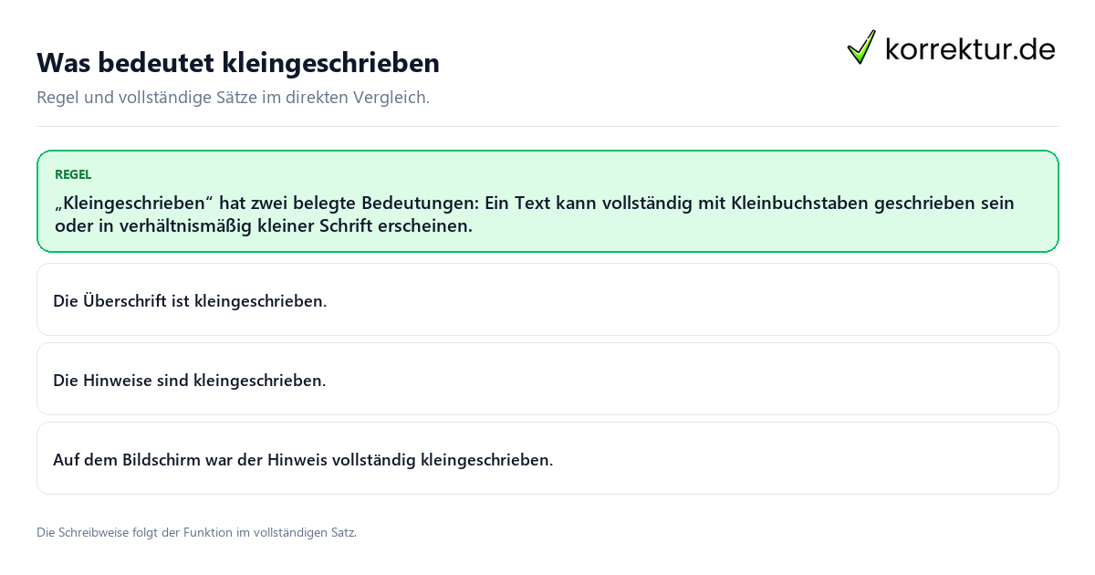 Konkrete Regel und vollständige Beispielsätze zu Was bedeutet kleingeschrieben