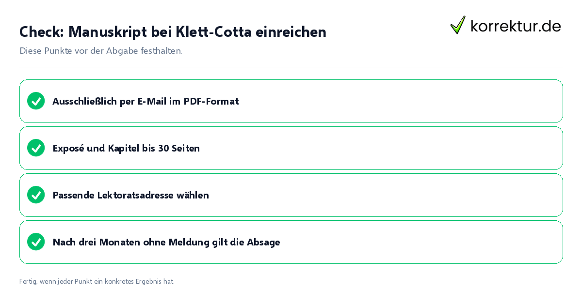 Check: Manuskript bei Klett-Cotta einreichen Manuskript bei Klett-Cotta einreichen: Prüfliste mit vier Punkten
