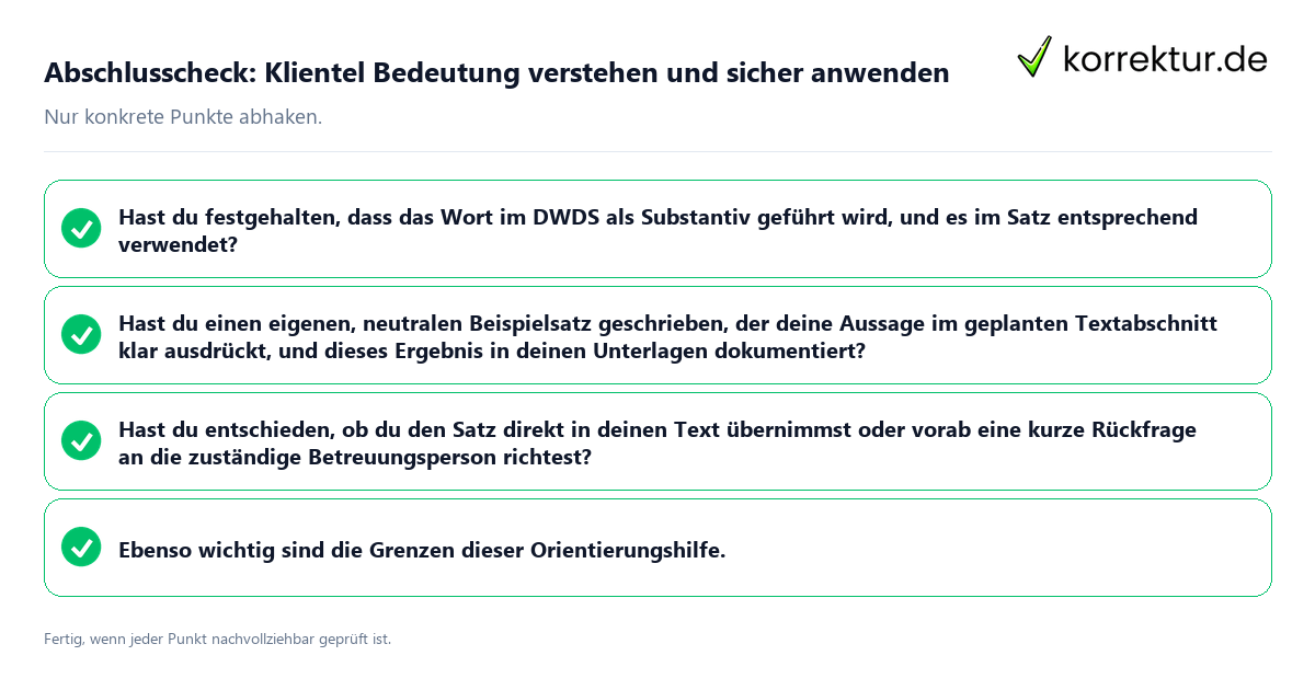 Konkreter Abschlusscheck zu Klientel Bedeutung verstehen und sicher anwenden