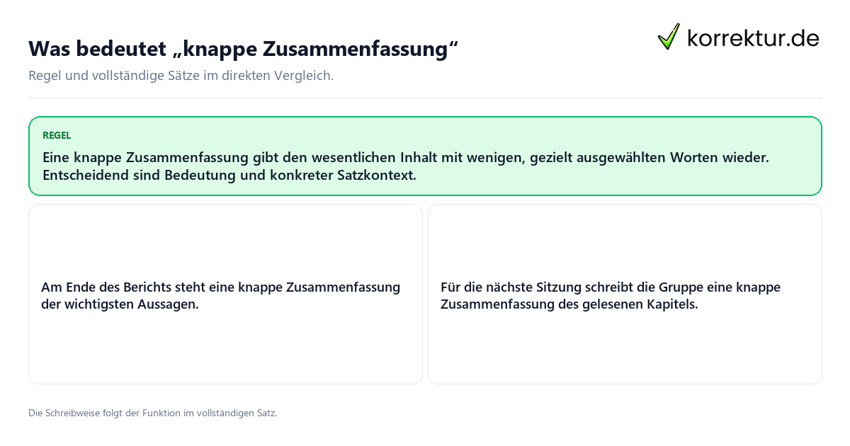 Konkrete Regel und vollständige Beispielsätze zu Was bedeutet „knappe Zusammenfassung“