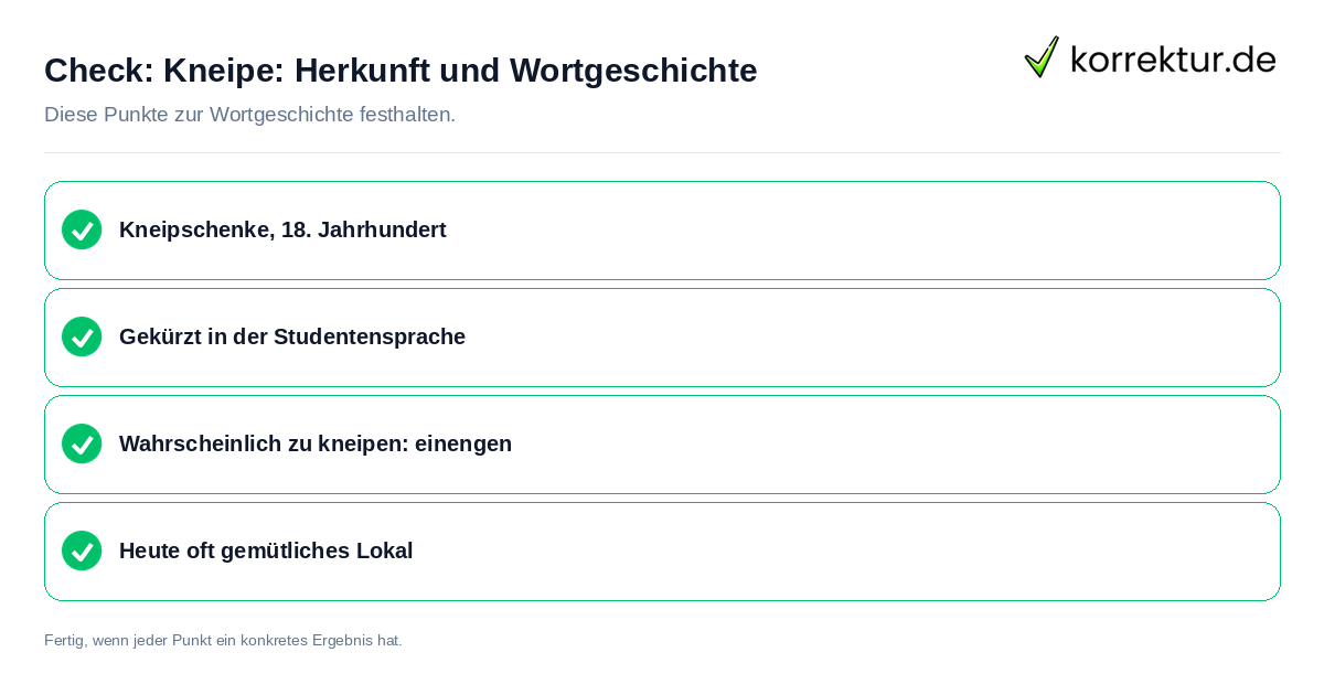 Check: Kneipe: Herkunft und Wortgeschichte Kneipe: Herkunft und Wortgeschichte: Prüfliste mit vier Punkten