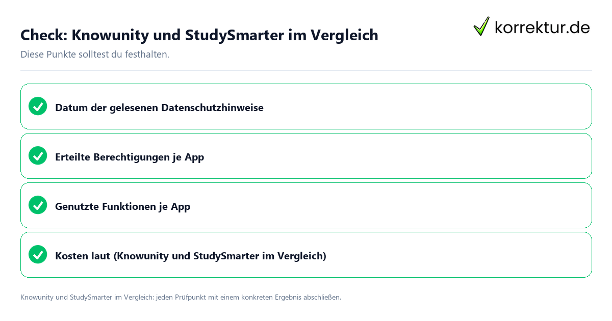Knowunity und StudySmarter im Vergleich mit einer themenspezifischen Checkliste