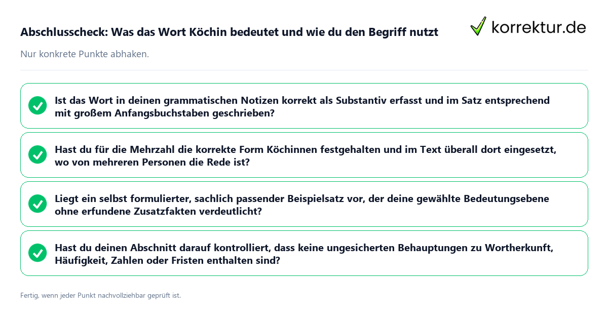 Konkreter Abschlusscheck zu Was das Wort Köchin bedeutet und wie du den Begriff nutzt