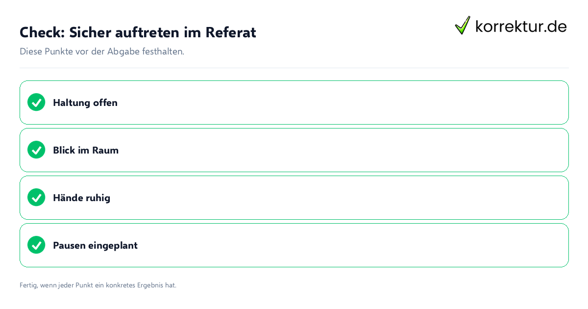 Sicher auftreten im Referat: Prüfliste mit vier Punkten