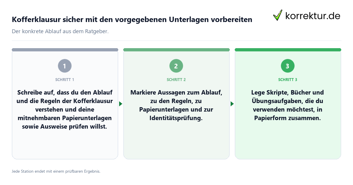 Konkrete Schritte zu Kofferklausur sicher mit den vorgegebenen Unterlagen vorbereiten