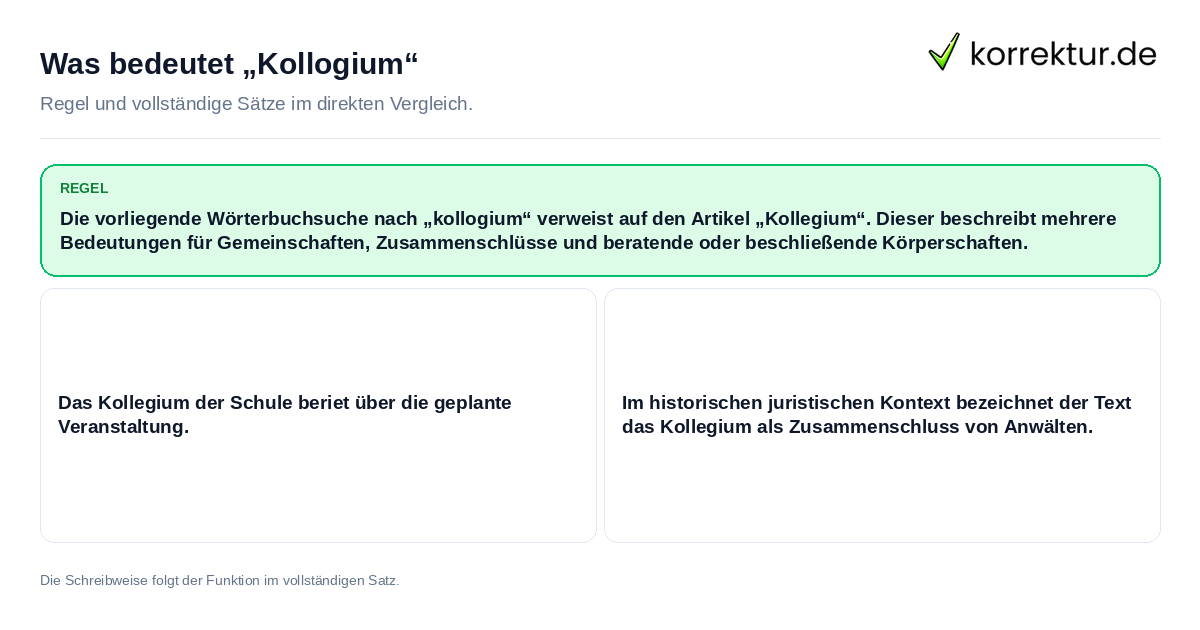 Konkrete Regel und vollständige Beispielsätze zu Was bedeutet „Kollogium“