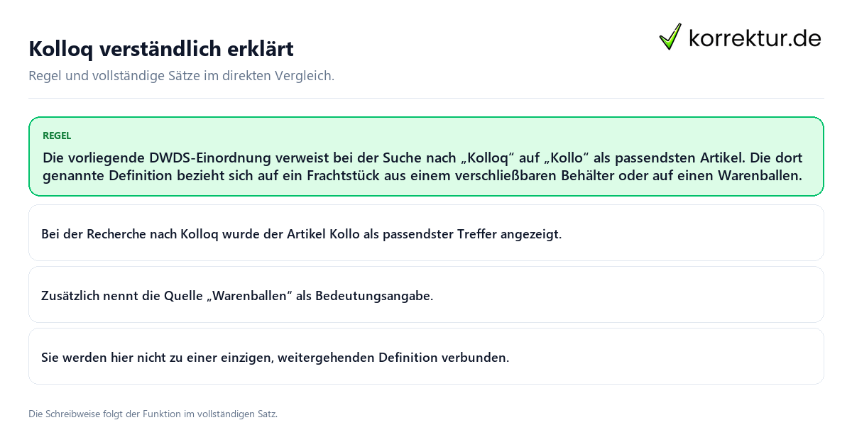 Konkrete Regel und vollständige Beispielsätze zu Kolloq verständlich erklärt