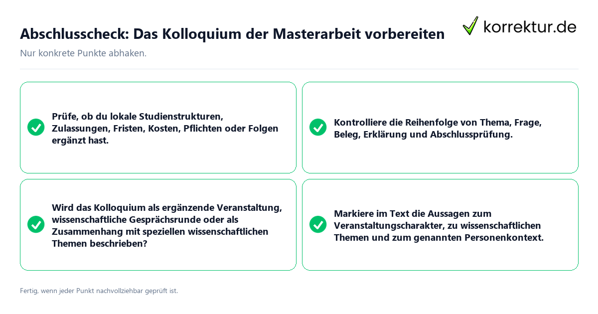Konkreter Abschlusscheck zu Das Kolloquium der Masterarbeit vorbereiten