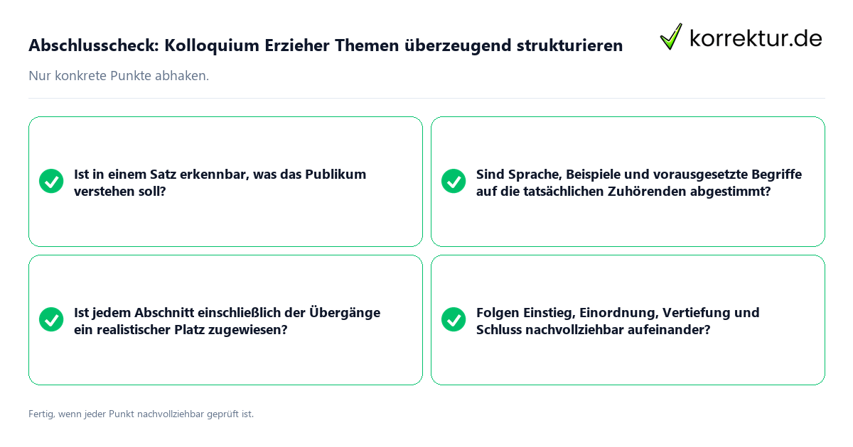 Konkreter Abschlusscheck zu Kolloquium Erzieher Themen überzeugend strukturieren