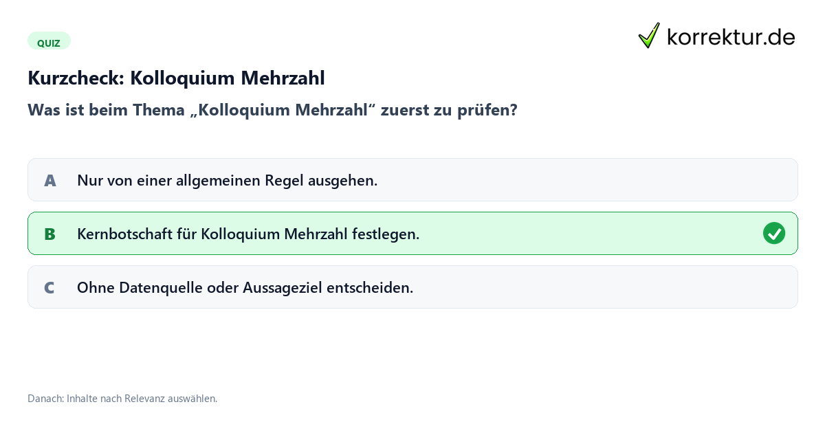 Kolloquium Mehrzahl mit einem Kurzquiz zum sinnvollen nächsten Schritt