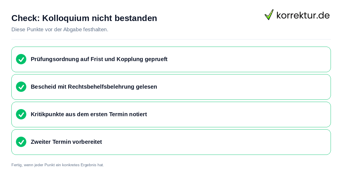Kolloquium nicht bestanden: Prüfliste mit vier Punkten