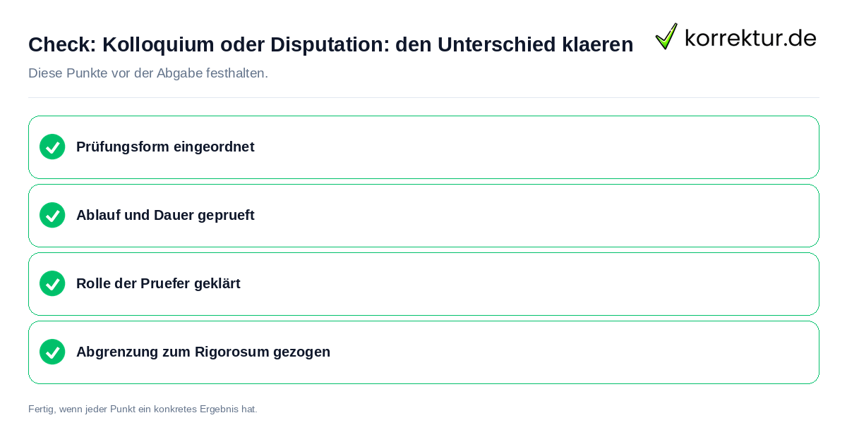 Check: Kolloquium oder Disputation: den Unterschied klären Kolloquium oder Disputation: den Unterschied klären: Prüfliste mit vier Punkten