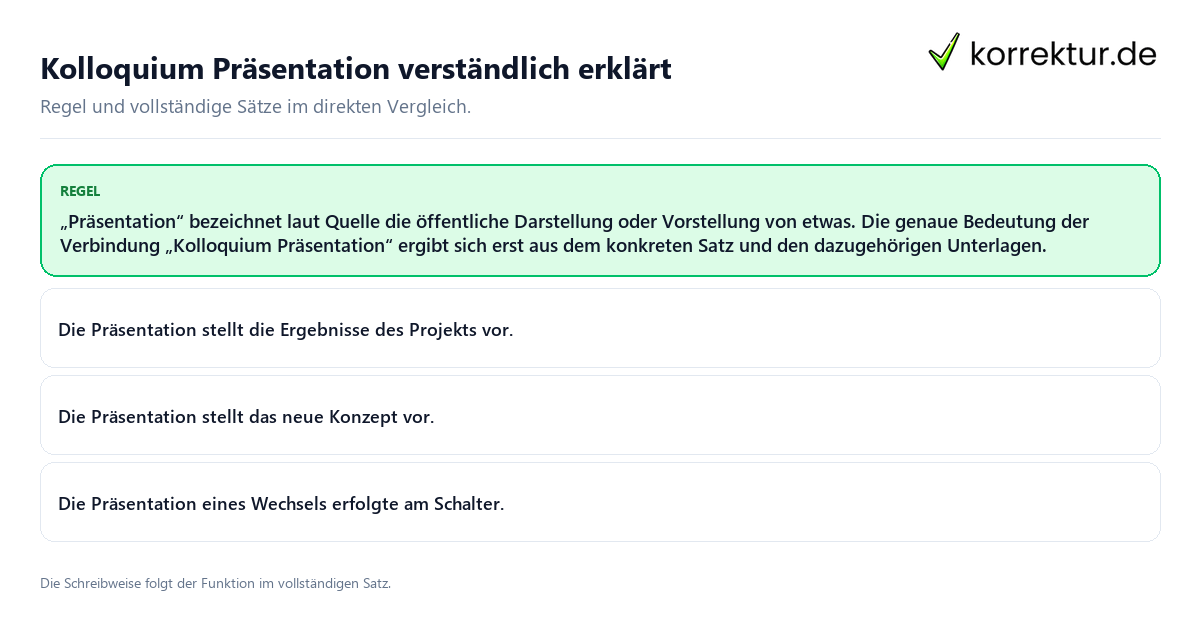 Konkrete Regel und vollständige Beispielsätze zu Kolloquium Präsentation verständlich erklärt