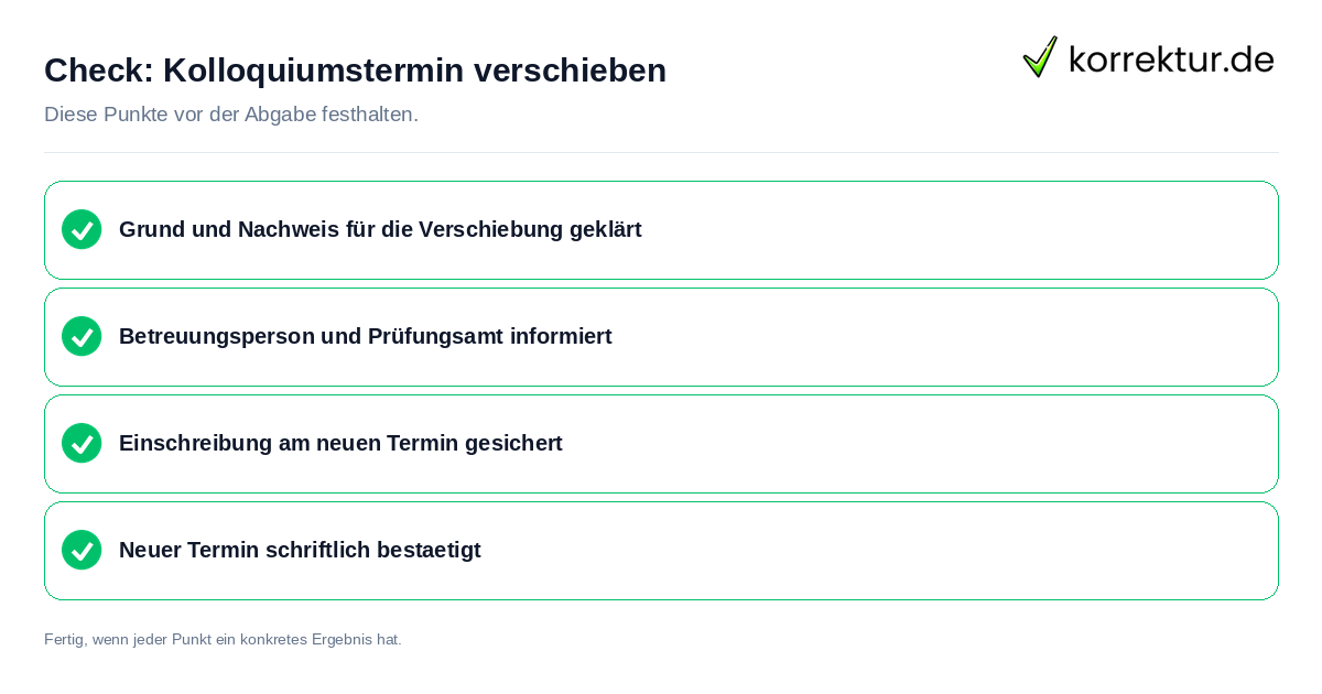 Check: Kolloquiumstermin verschieben Kolloquiumstermin verschieben: Prüfliste mit vier Punkten