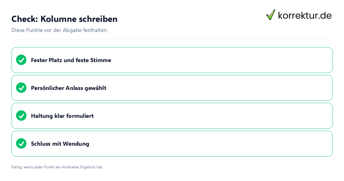 Check: Kolumne schreiben Kolumne schreiben: Prüfliste mit vier Punkten
