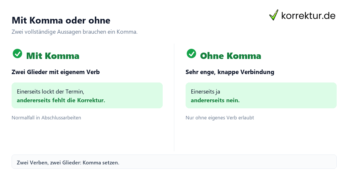 Komma bei einerseits andererseits: Beispiel mit und ohne Komma