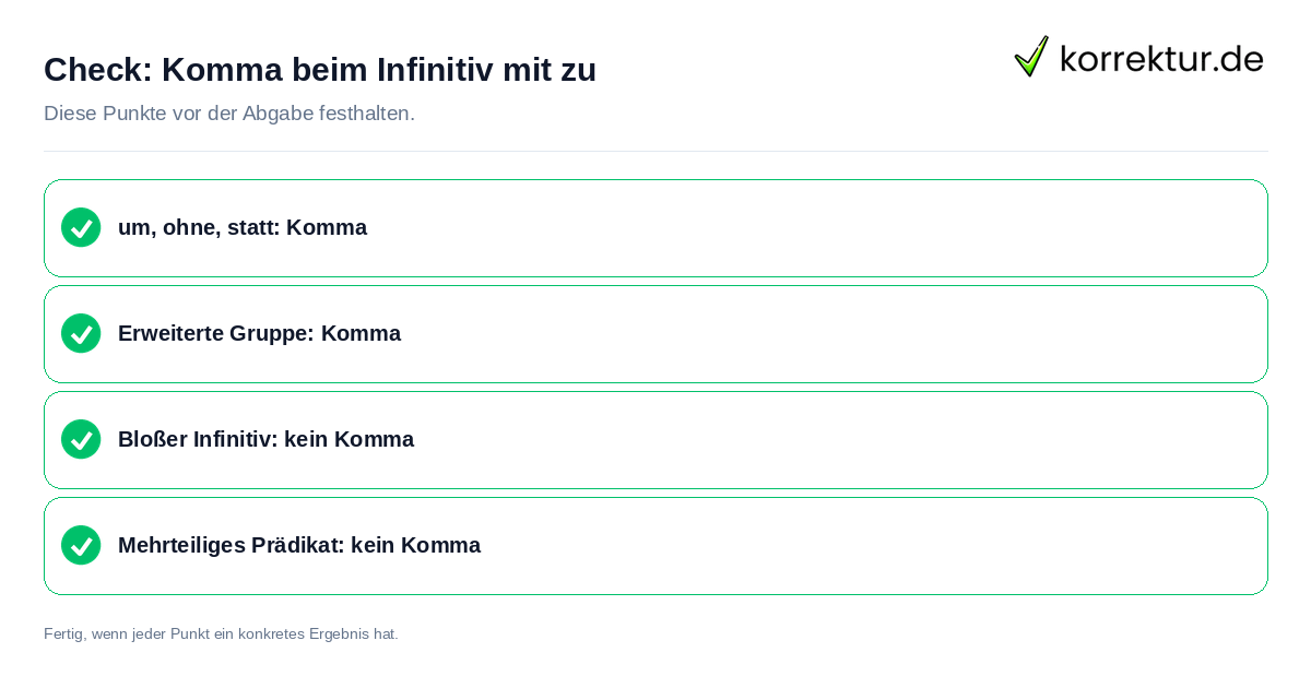 Check: Komma beim Infinitiv mit zu Komma beim Infinitiv mit zu: Prüfliste mit vier Punkten