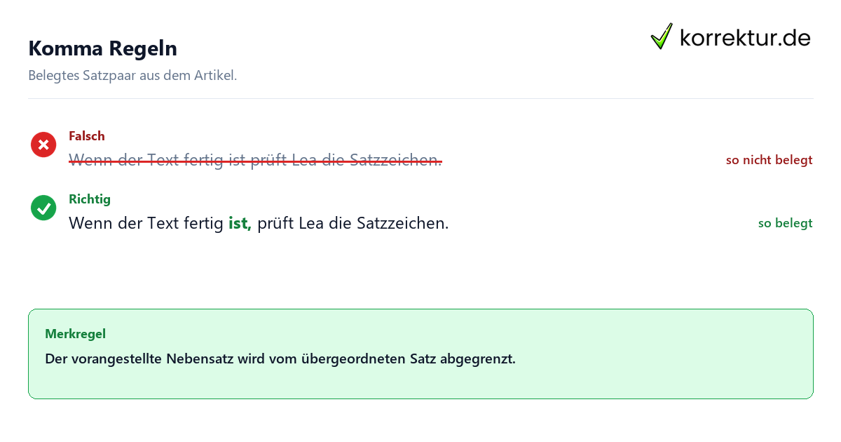 Komma Regeln Falsches und richtiges Satzbeispiel zu Komma Regeln