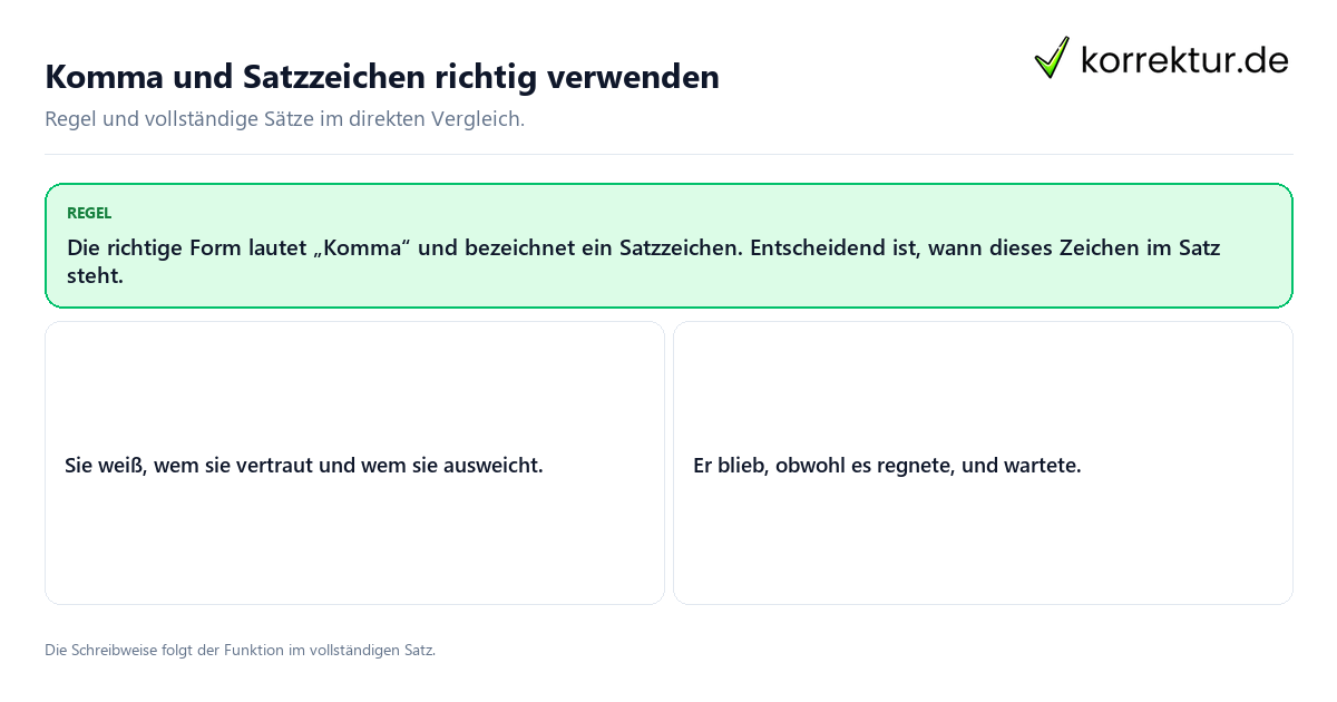Konkrete Regel und vollständige Beispielsätze zu Komma und Satzzeichen richtig verwenden