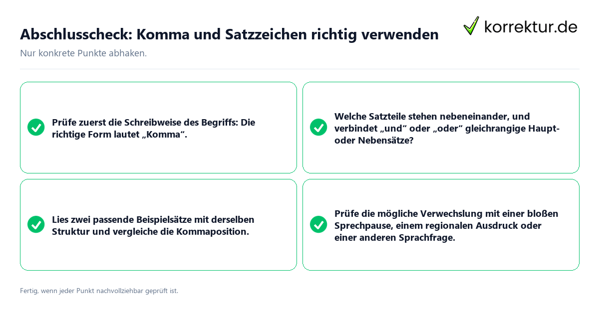 Konkreter Abschlusscheck zu Komma und Satzzeichen richtig verwenden