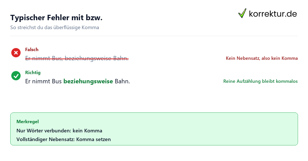 Typischer Fehler mit bzw. Komma vor beziehungsweise: typischer Fehler und Korrektur