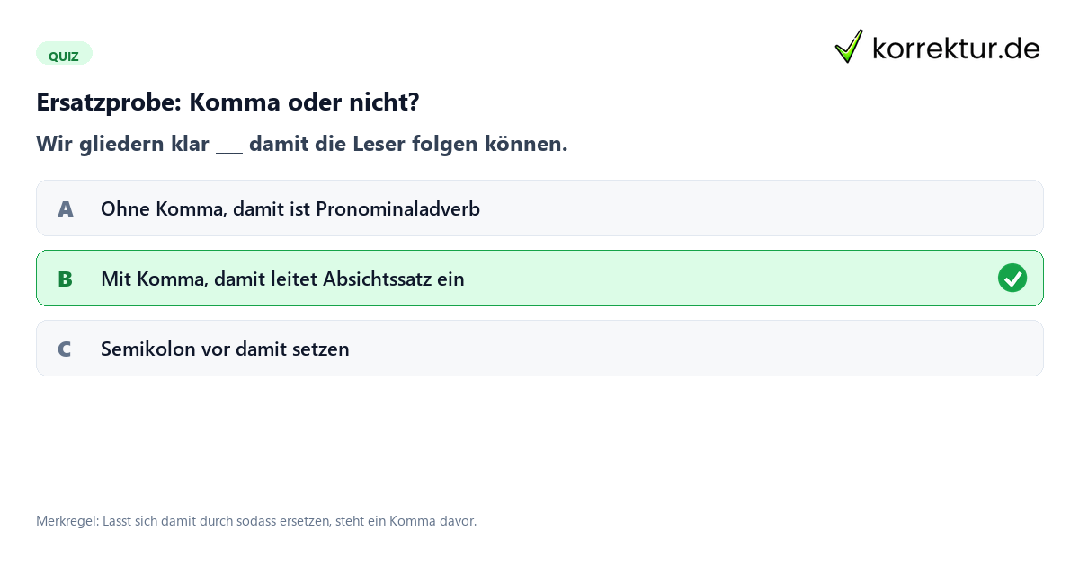 Quiz zum Komma vor damit mit Ersatzprobe sodass