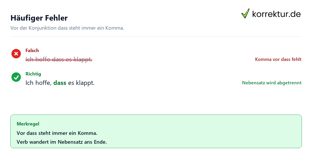 Komma vor dass Beispiel: fehlendes Komma im Nebensatz