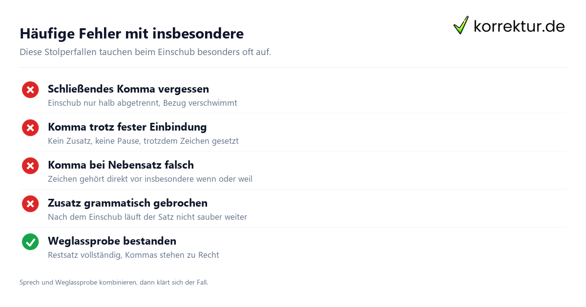 Häufige Fehler mit insbesondere Checkliste Komma vor insbesondere: typische Fehler beim Einschub erkennen