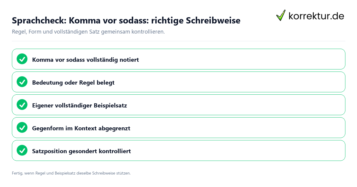 Konkreter Sprachcheck zu Komma vor sodass: richtige Schreibweise mit Regel und vollständigem Beispielsatz